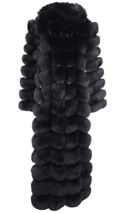 NEW BLACK DYED HORIZONTAL FOX COAT W/ LEATHER INSERTS, DETACHABLE HOOD & 2-WAY ZIPPER CLOSURE