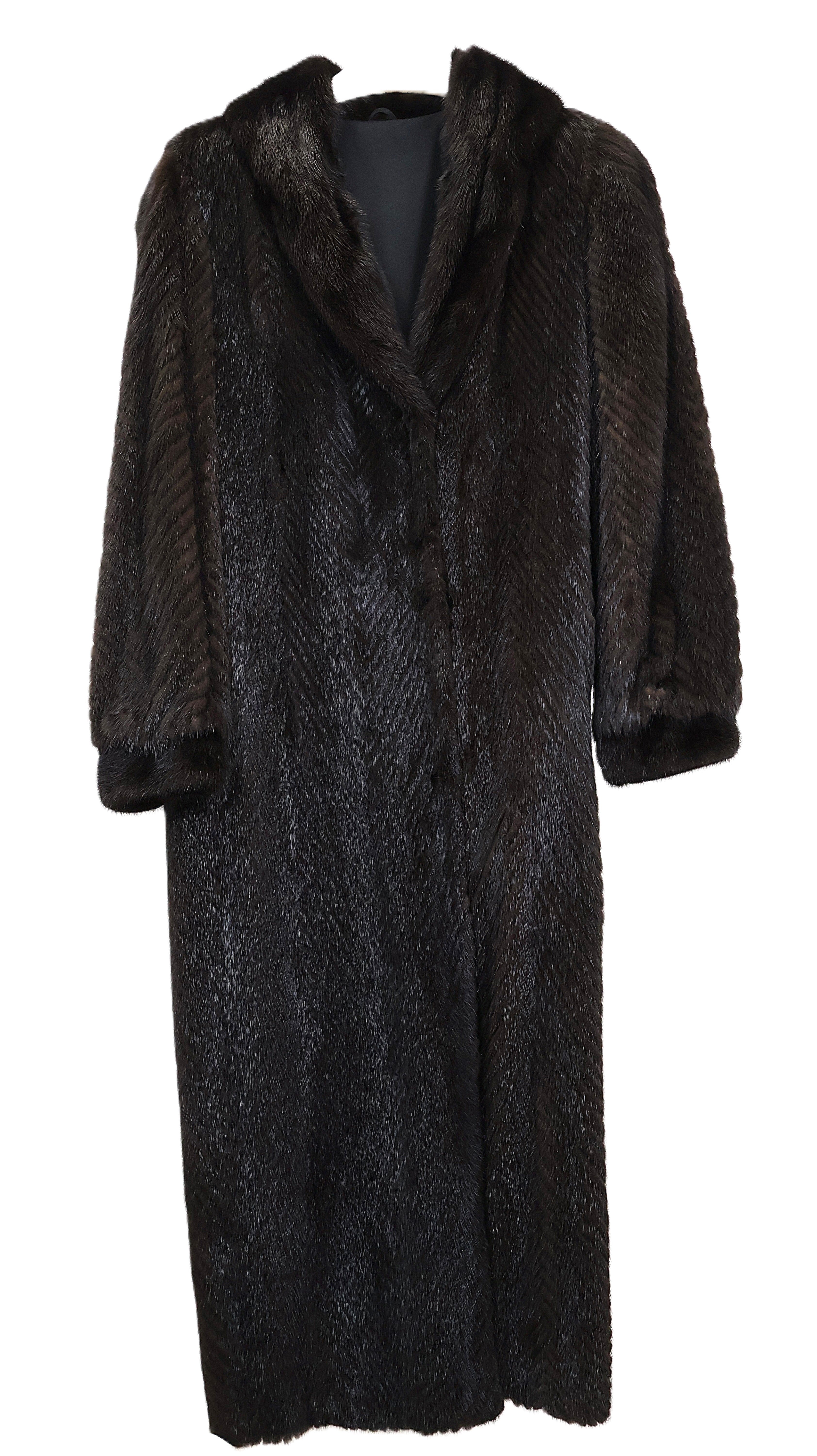 PRE-OWNED RANCH MINK COAT W/ SHAWL COLLAR, BANDED CUFFS & CHEVRON BODY DESIGN