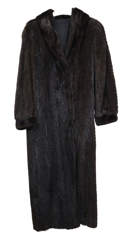 PRE-OWNED RANCH MINK COAT W/ SHAWL COLLAR, BANDED CUFFS & CHEVRON BODY DESIGN