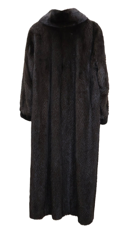 PRE-OWNED RANCH MINK COAT W/ SHAWL COLLAR, BANDED CUFFS & CHEVRON BODY DESIGN