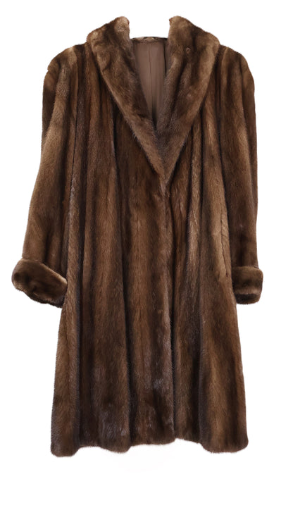 PRE-OWNED DEMI BUFF MINK 7/8 SWING COAT W/ SHAWL COLLAR & TURN BACK CUFFS