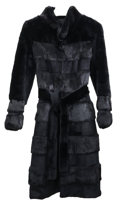 PRE-OWNED BLACK DYED LONG HAIR & SHEARED HORIZONTAL REX 7/8 COAT W/ STAND COLLAR, STRAIGHT SLEEVES & WRAP BELT