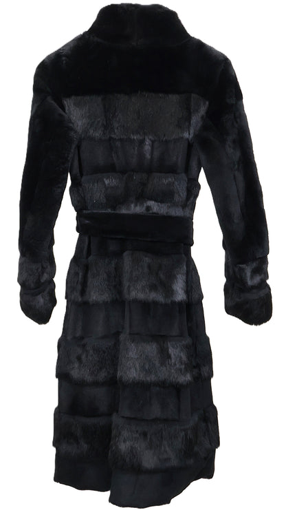 PRE-OWNED BLACK DYED LONG HAIR & SHEARED HORIZONTAL REX 7/8 COAT W/ STAND COLLAR, STRAIGHT SLEEVES & WRAP BELT
