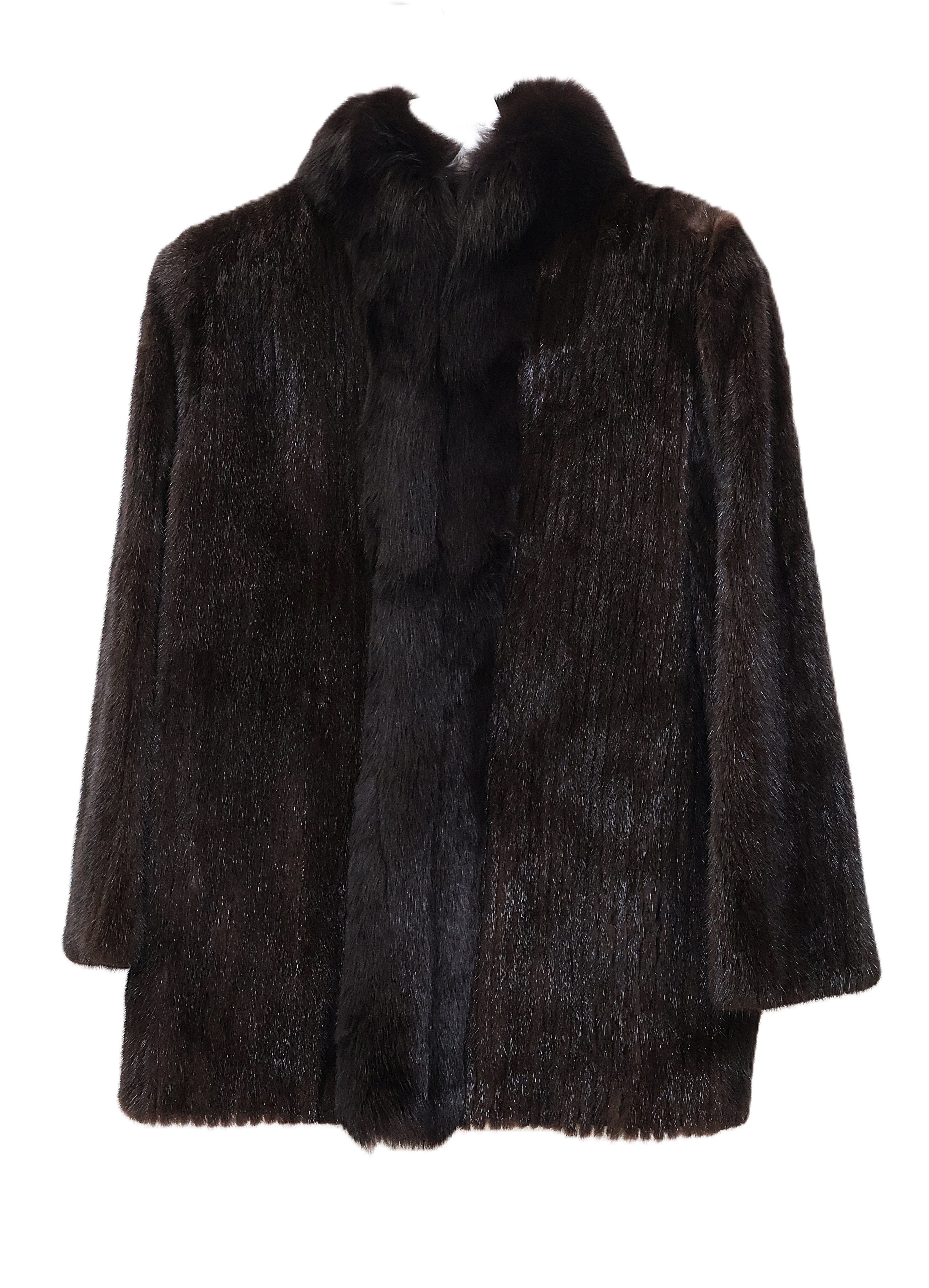 PRE-OWNED BROWN DYED RIBBED MINK JACKET W/ FOX STAND COLLAR & TUXEDO FRONT & STRAIGHT SLEEVES