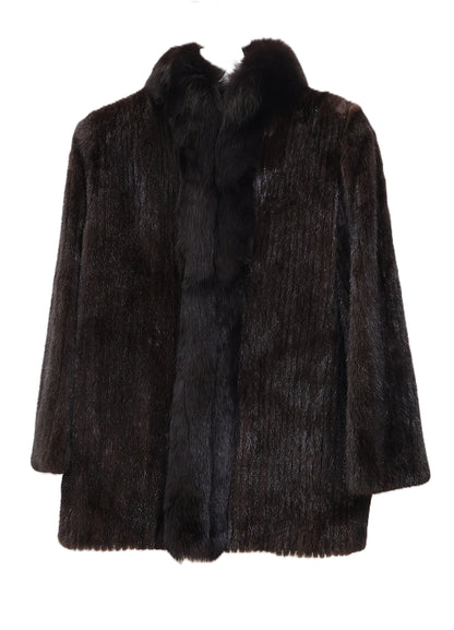 PRE-OWNED BROWN DYED RIBBED MINK JACKET W/ FOX STAND COLLAR & TUXEDO FRONT & STRAIGHT SLEEVES
