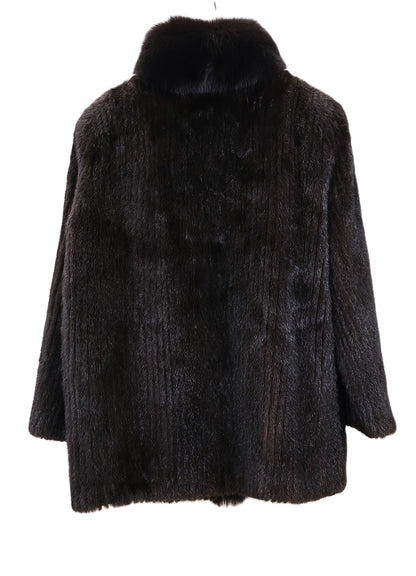 PRE-OWNED BROWN DYED RIBBED MINK JACKET W/ FOX STAND COLLAR & TUXEDO FRONT & STRAIGHT SLEEVES