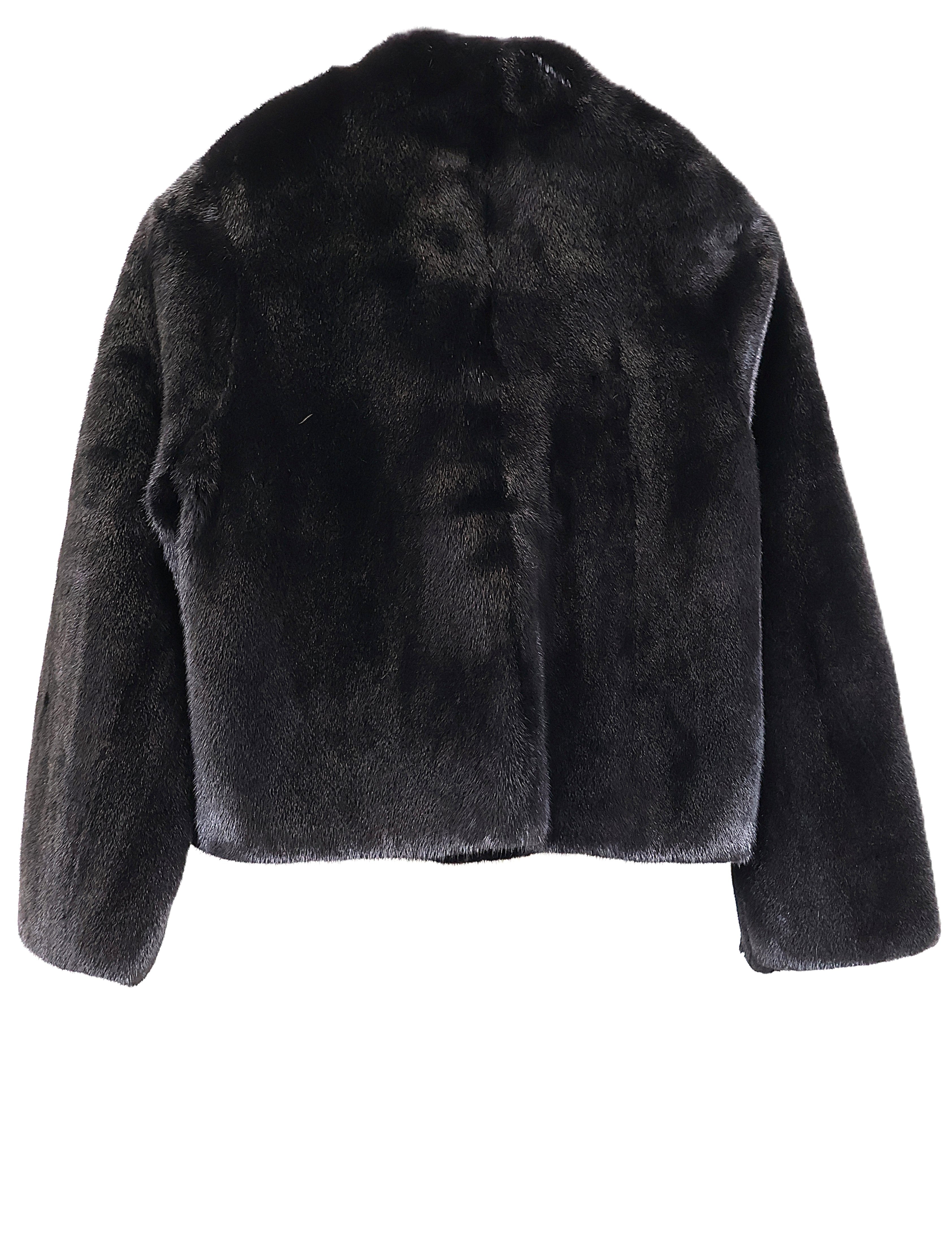 NEW BLACK MINK COLLARLESS V-NECK JACKET W/ STRAIGHT SLEEVES (LINDA)