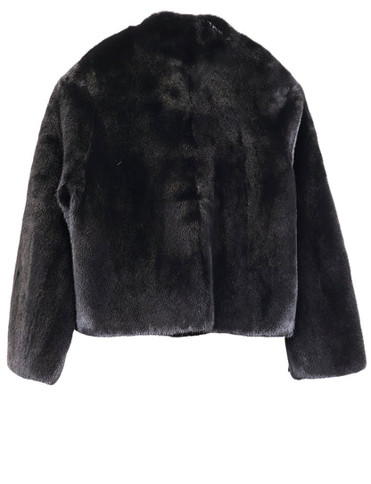 NEW BLACK MINK COLLARLESS V-NECK JACKET W/ STRAIGHT SLEEVES (LINDA)