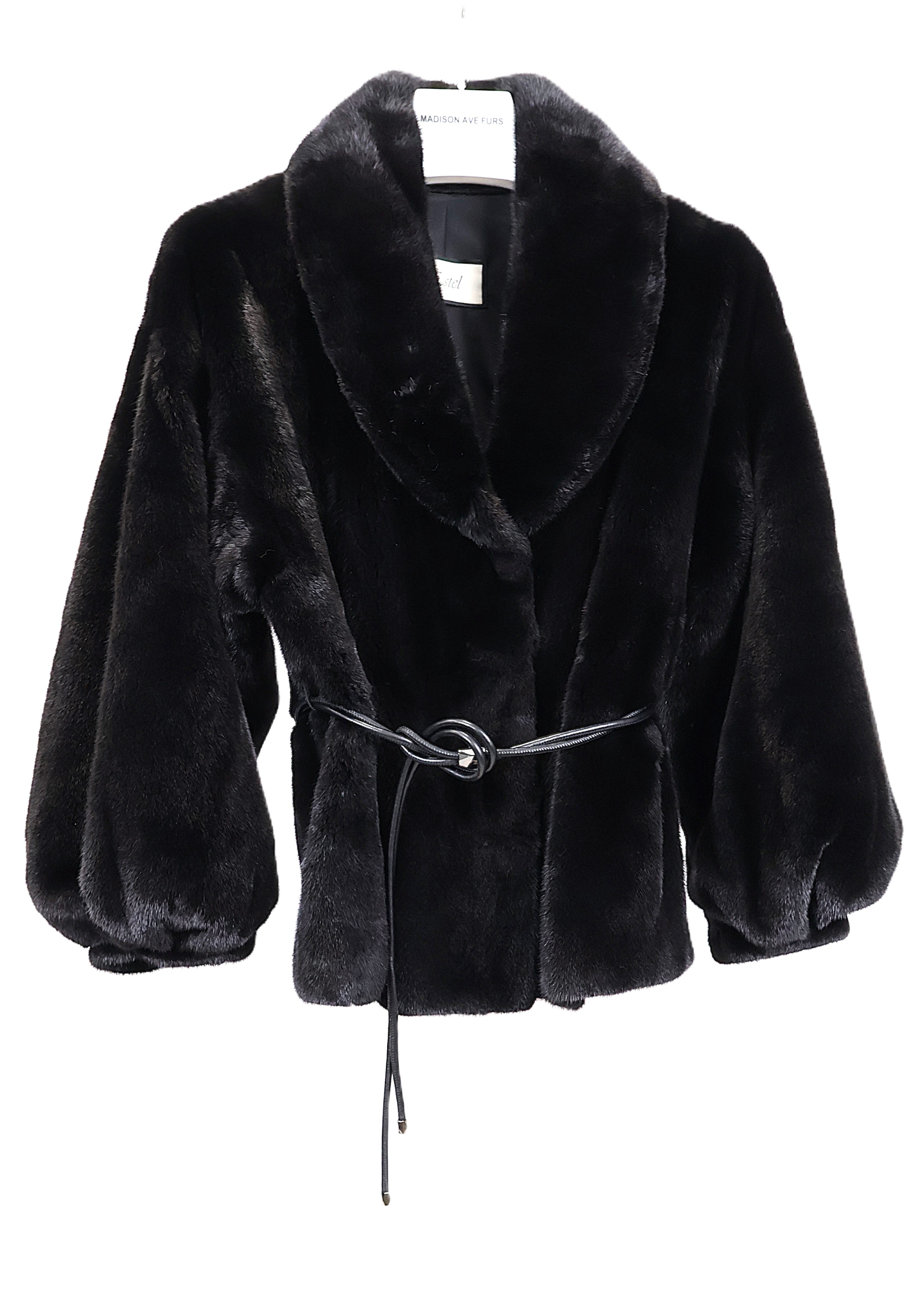 NEW BLACK MINK JACKET W/ SHAWL COLLAR, BANDED BLOUSSAN SLEEVES & LEATHER WRAP BELT (G-707)