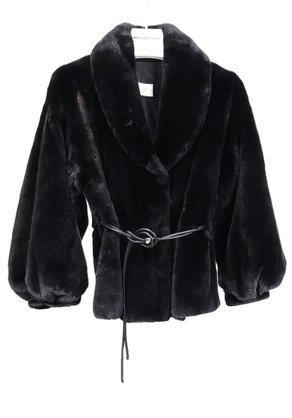 NEW BLACK MINK JACKET W/ SHAWL COLLAR, BANDED BLOUSSAN SLEEVES & LEATHER WRAP BELT (G-707)
