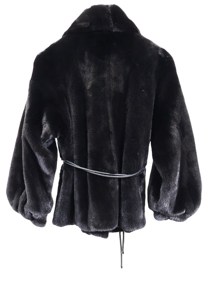 NEW BLACK MINK JACKET W/ SHAWL COLLAR, BANDED BLOUSSAN SLEEVES & LEATHER WRAP BELT (G-707)
