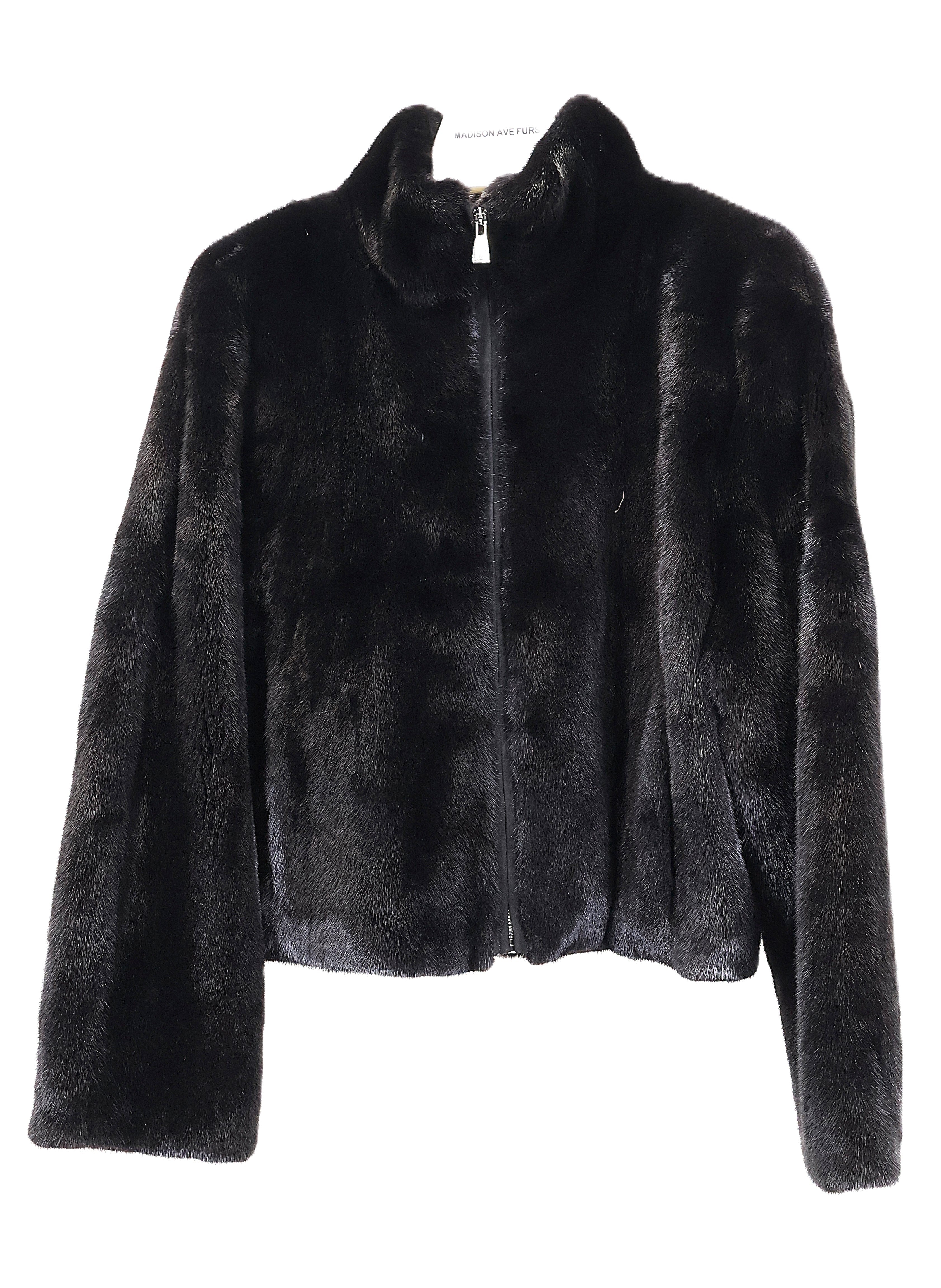 NEW BLACK MINK JACKET W/ SUEDE TRIMMED ZIPPER, STAND COLLAR & STRAIGHT SLEEVES (BELLA)
