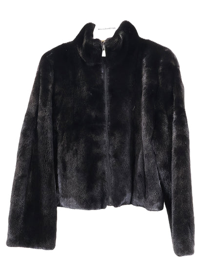 NEW BLACK MINK JACKET W/ SUEDE TRIMMED ZIPPER, STAND COLLAR & STRAIGHT SLEEVES (BELLA)
