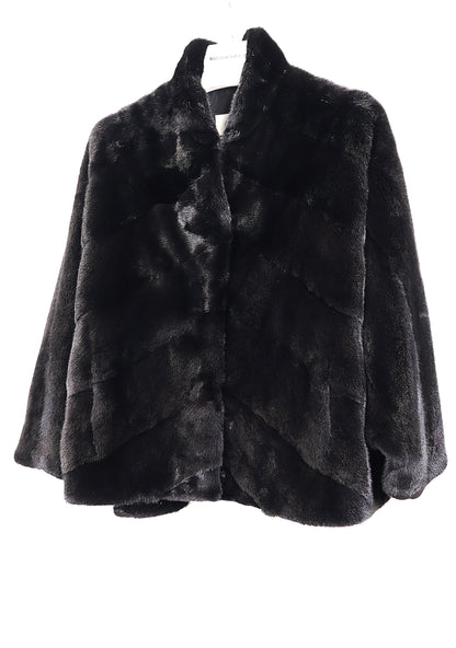 BLACK MINK DIAGNOL PONCHO STYLE JACKET W/ STAND COLLAR, DRAWSTRING HEM & SHORT BAT SLEEVE
