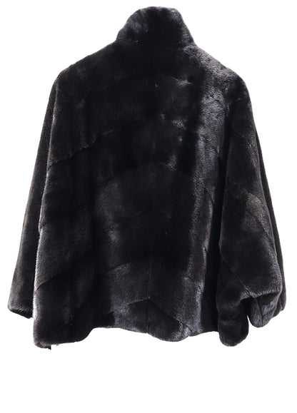 BLACK MINK DIAGNOL PONCHO STYLE JACKET W/ STAND COLLAR, DRAWSTRING HEM & SHORT BAT SLEEVE