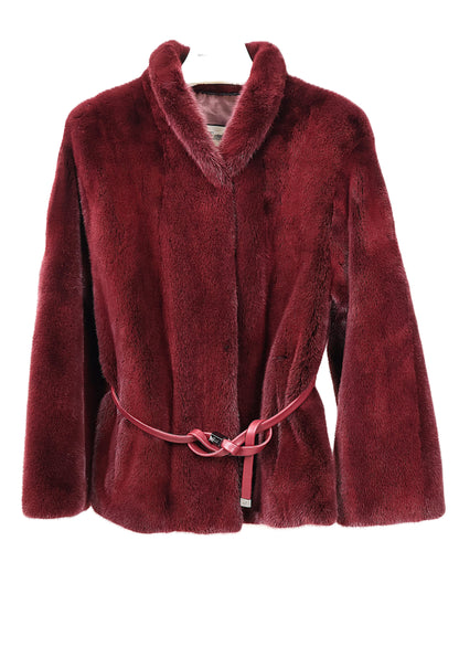 NEW DYED BURGANDY MINK JACKET W/ SHAWL COLLAR, STRAIGHT SLEEVES & LEATHER WRAP BELT