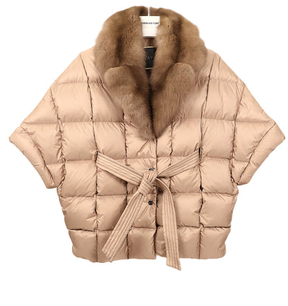 NEW SAND QUILTED PUFFER CAPELET W/ STONE MARTEN NOTCH COLLAR & WRAP BELT (VALERIE)