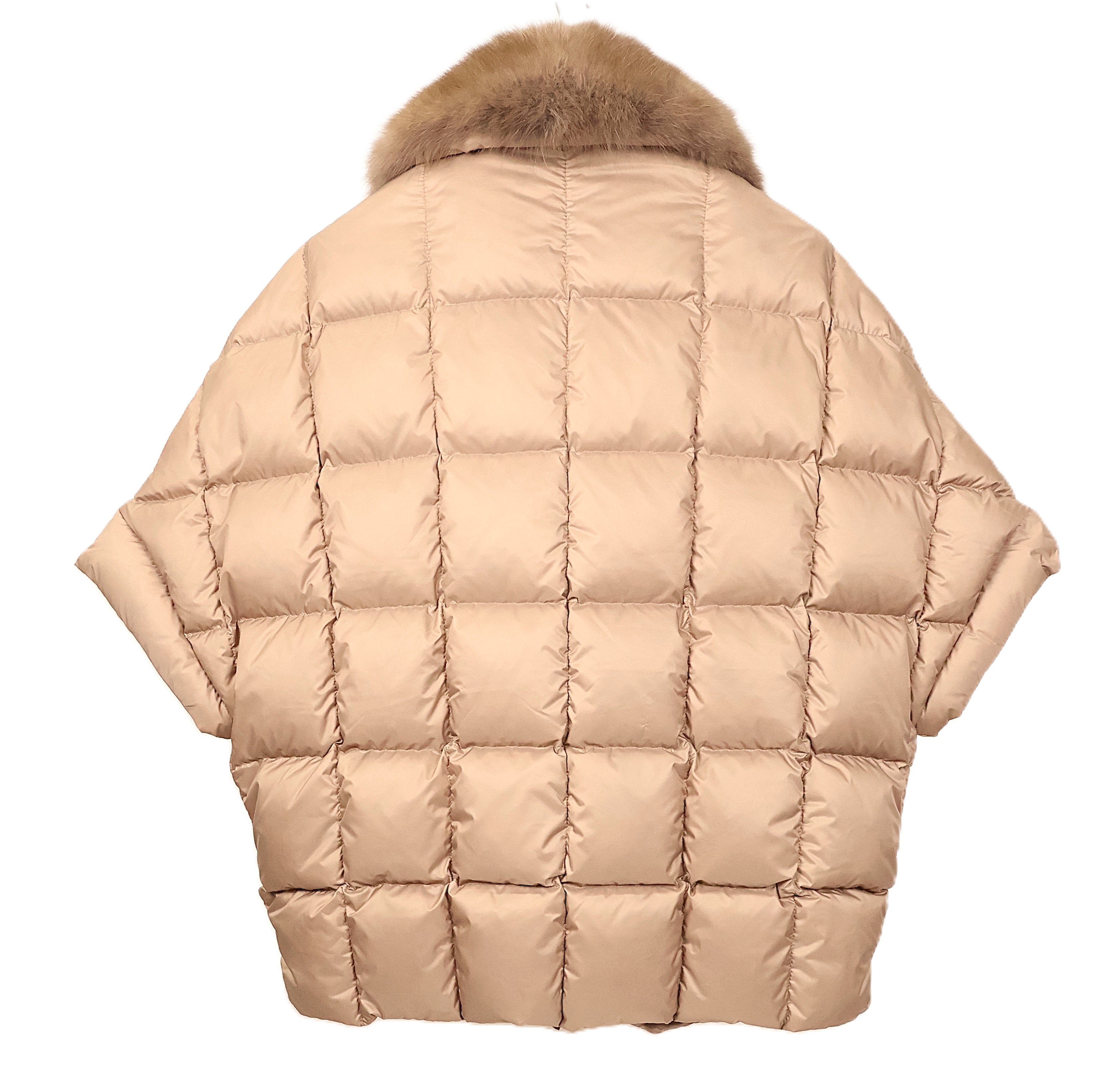 NEW SAND QUILTED PUFFER CAPELET W/ STONE MARTEN NOTCH COLLAR & WRAP BELT (VALERIE)