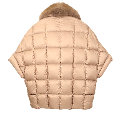 NEW SAND QUILTED PUFFER CAPELET W/ STONE MARTEN NOTCH COLLAR & WRAP BELT (VALERIE)