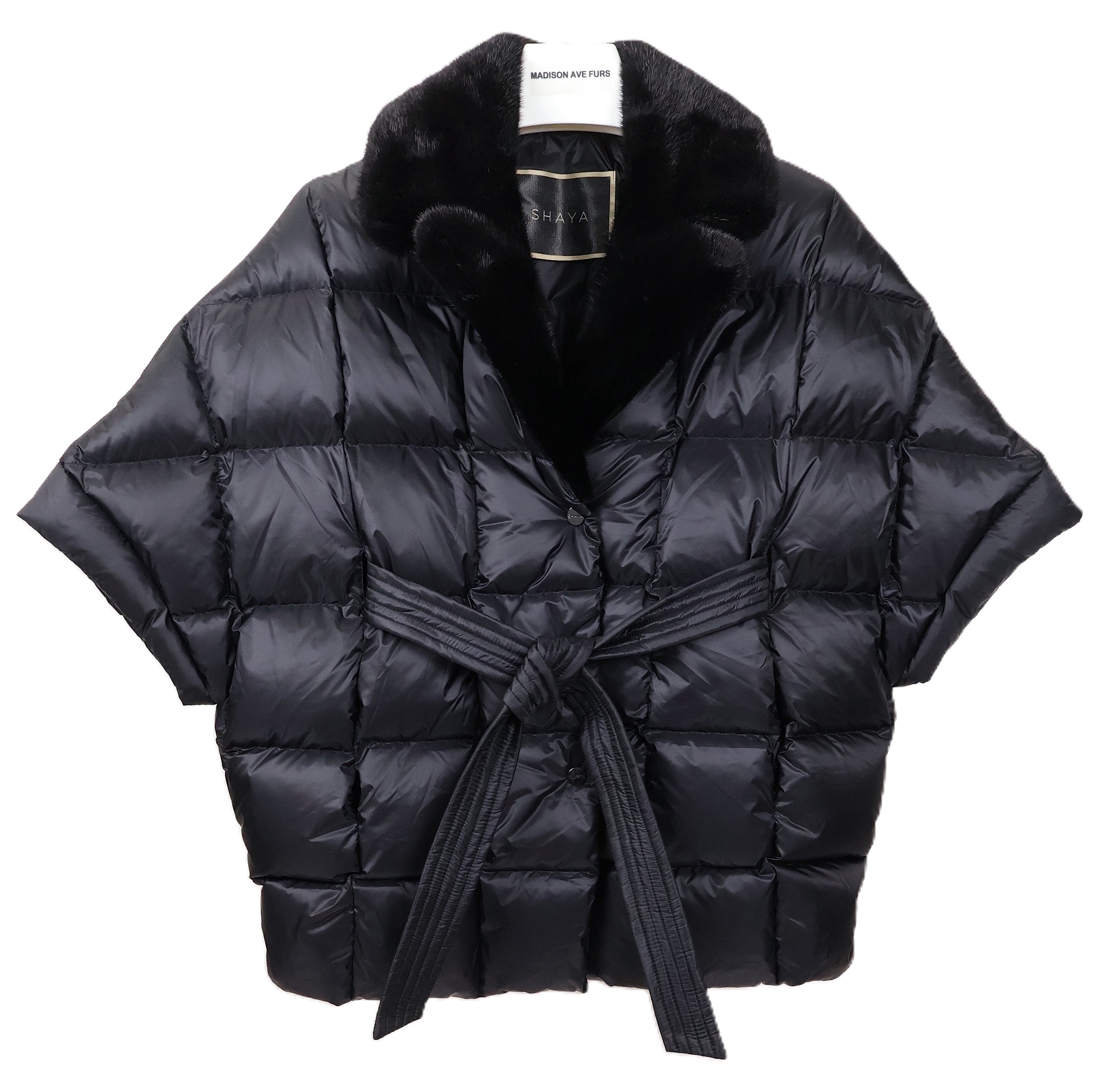 NEW BLACK QUILTED PUFFER CAPELET W/ BLACK MINK NOTCH COLLAR & WRAP BELT (VALERIE)