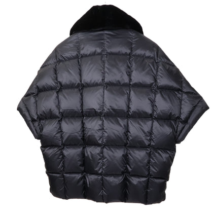 NEW BLACK QUILTED PUFFER CAPELET W/ BLACK MINK NOTCH COLLAR & WRAP BELT (VALERIE)