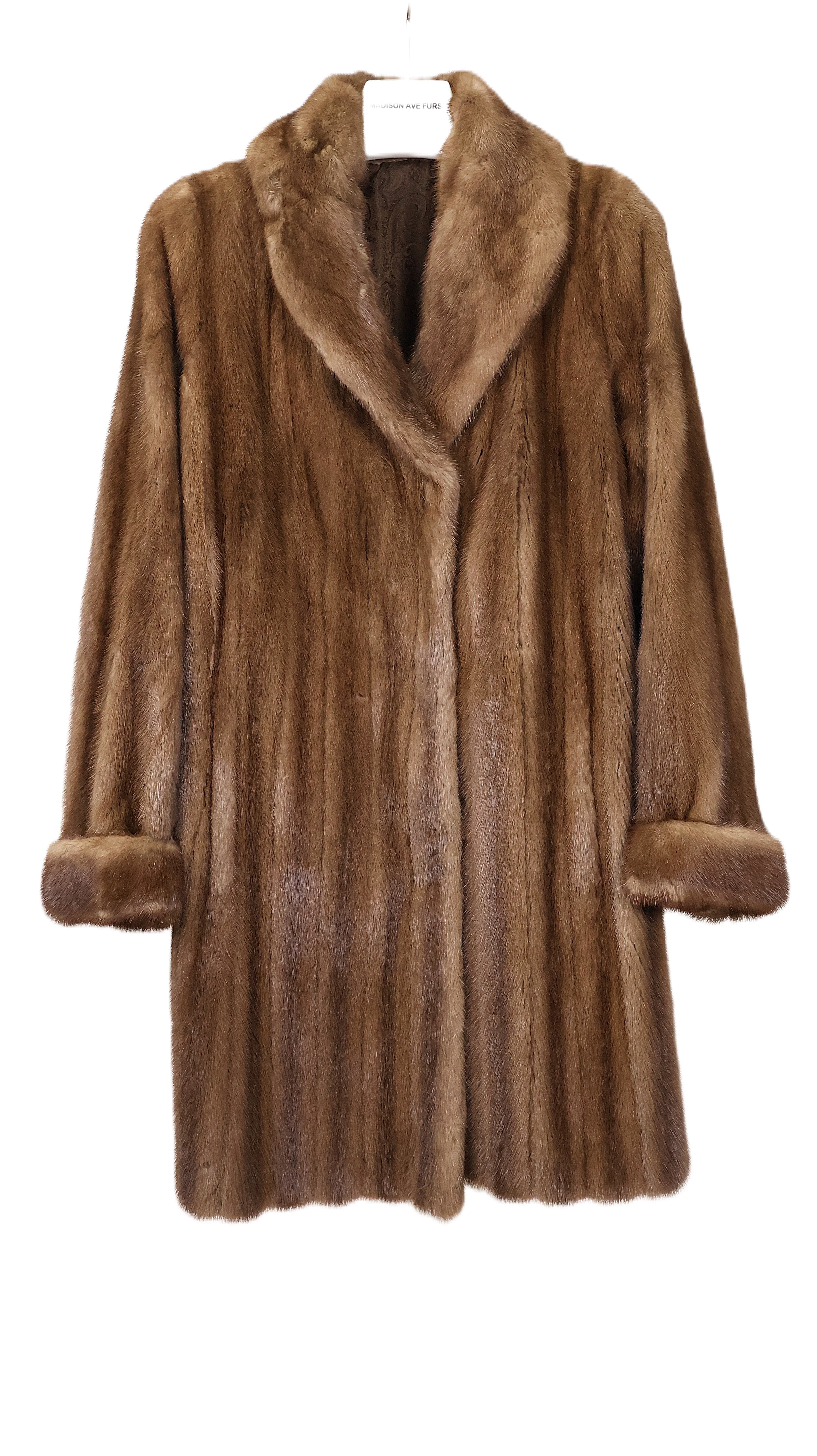 PRE-OWNED NATURAL DEMI BUFF MINK 7/8 COAT W/ SHAWL COLLAR & TURN BACK CUFFS