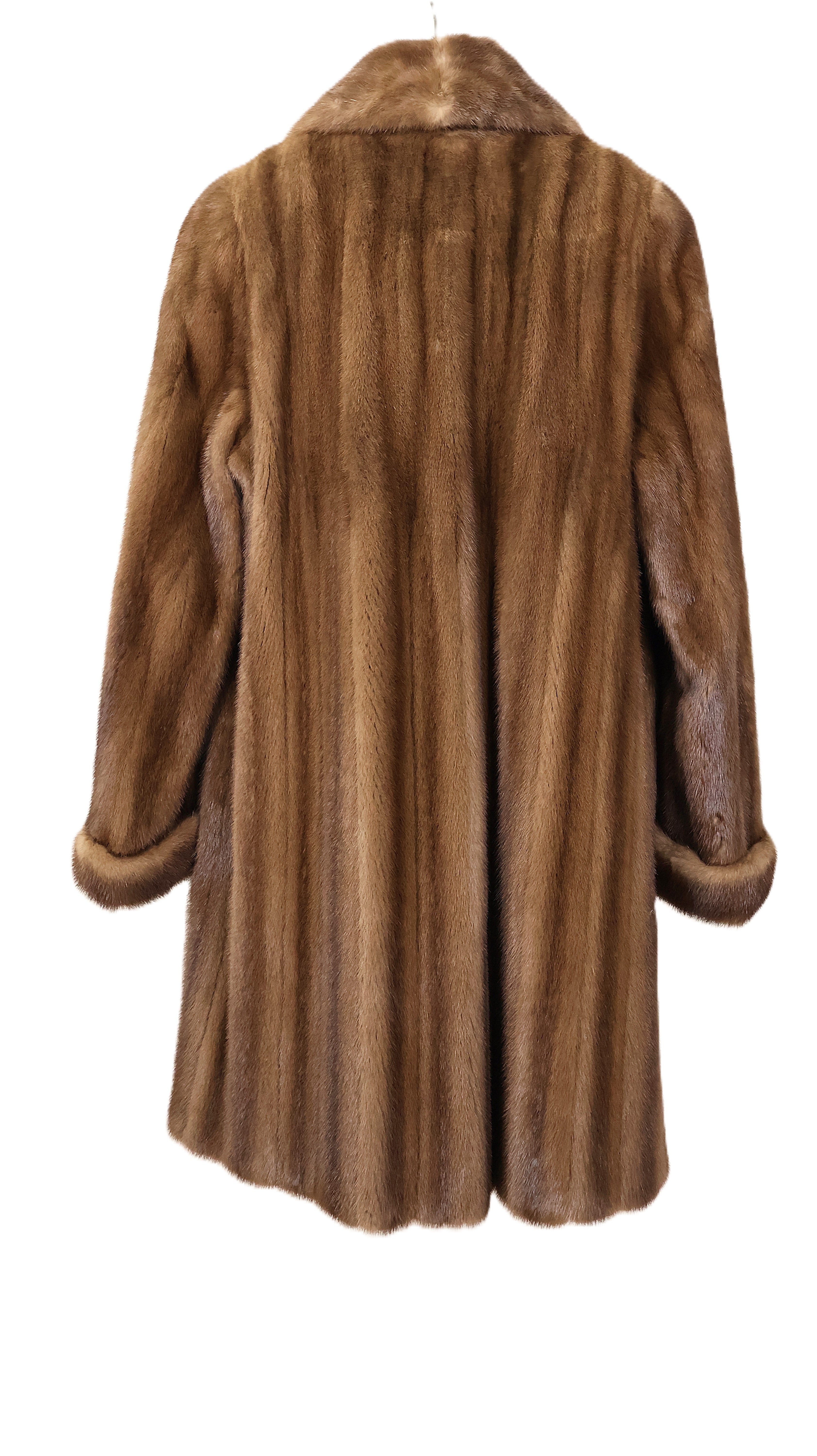 PRE-OWNED NATURAL DEMI BUFF MINK 7/8 COAT W/ SHAWL COLLAR & TURN BACK CUFFS