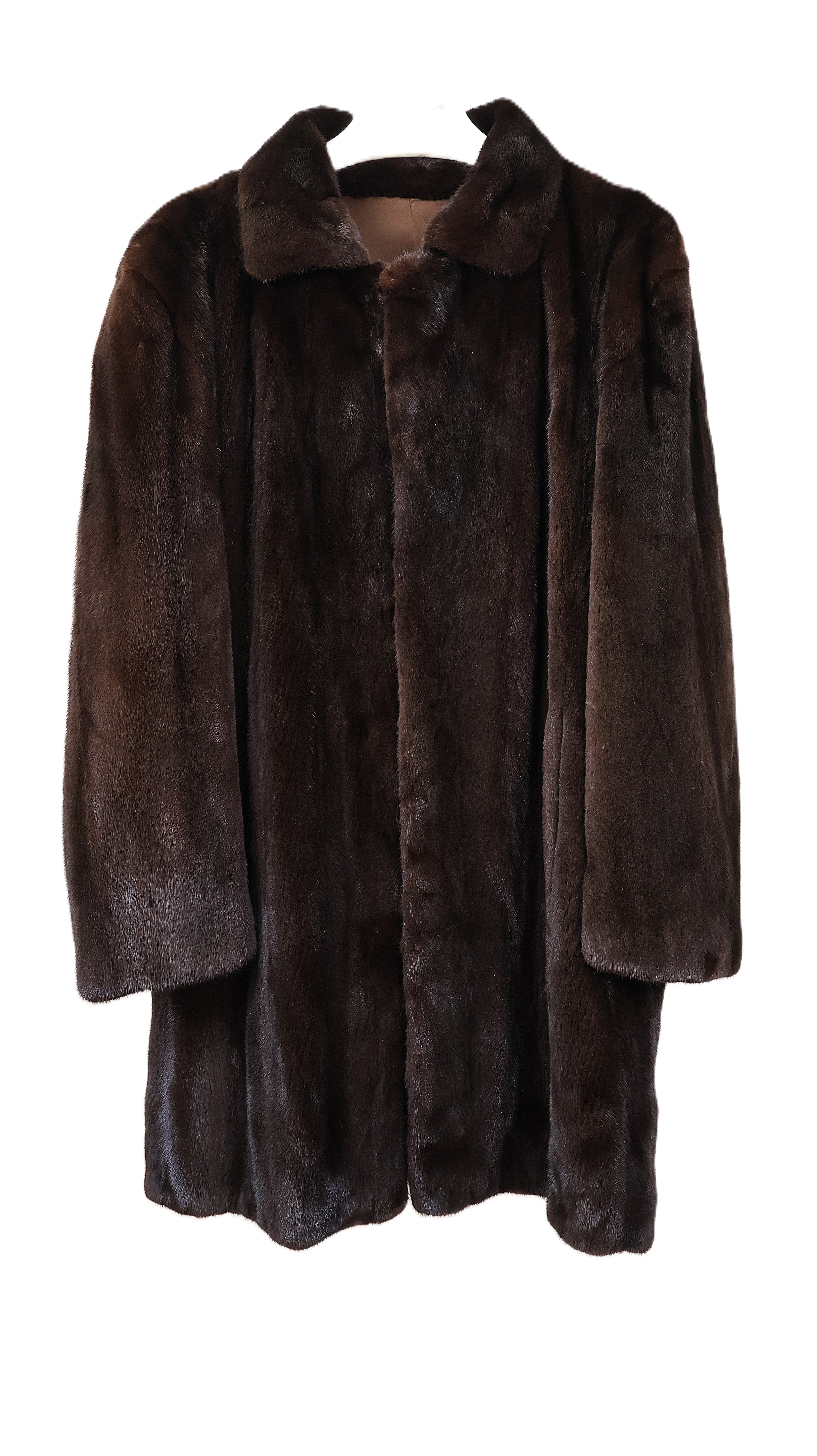 PRE-OWNED MEN'S MAHOGANY MINK 3/4 JACKET W/ NOTCH COLLAR, STRAIGHT SLEEVES & VENTED BACK