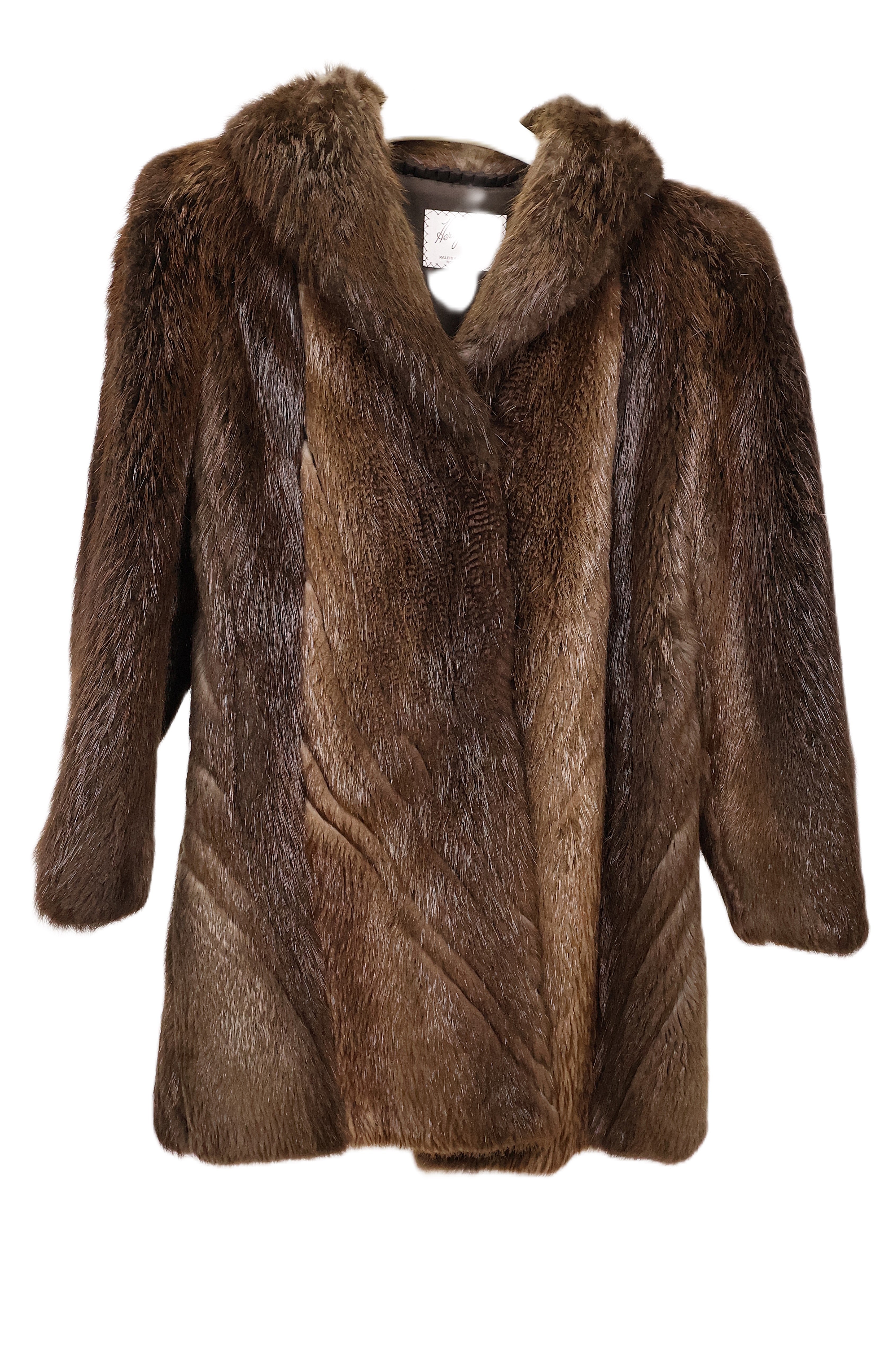 PRE-OWNED LONG HAIRED BEAVER 3/4 JACKET W/ DIAGNOL DESIGN, SHAWL COLLAR & STRAIGHT SLEEVES