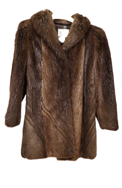 PRE-OWNED LONG HAIRED BEAVER 3/4 JACKET W/ DIAGNOL DESIGN, SHAWL COLLAR & STRAIGHT SLEEVES