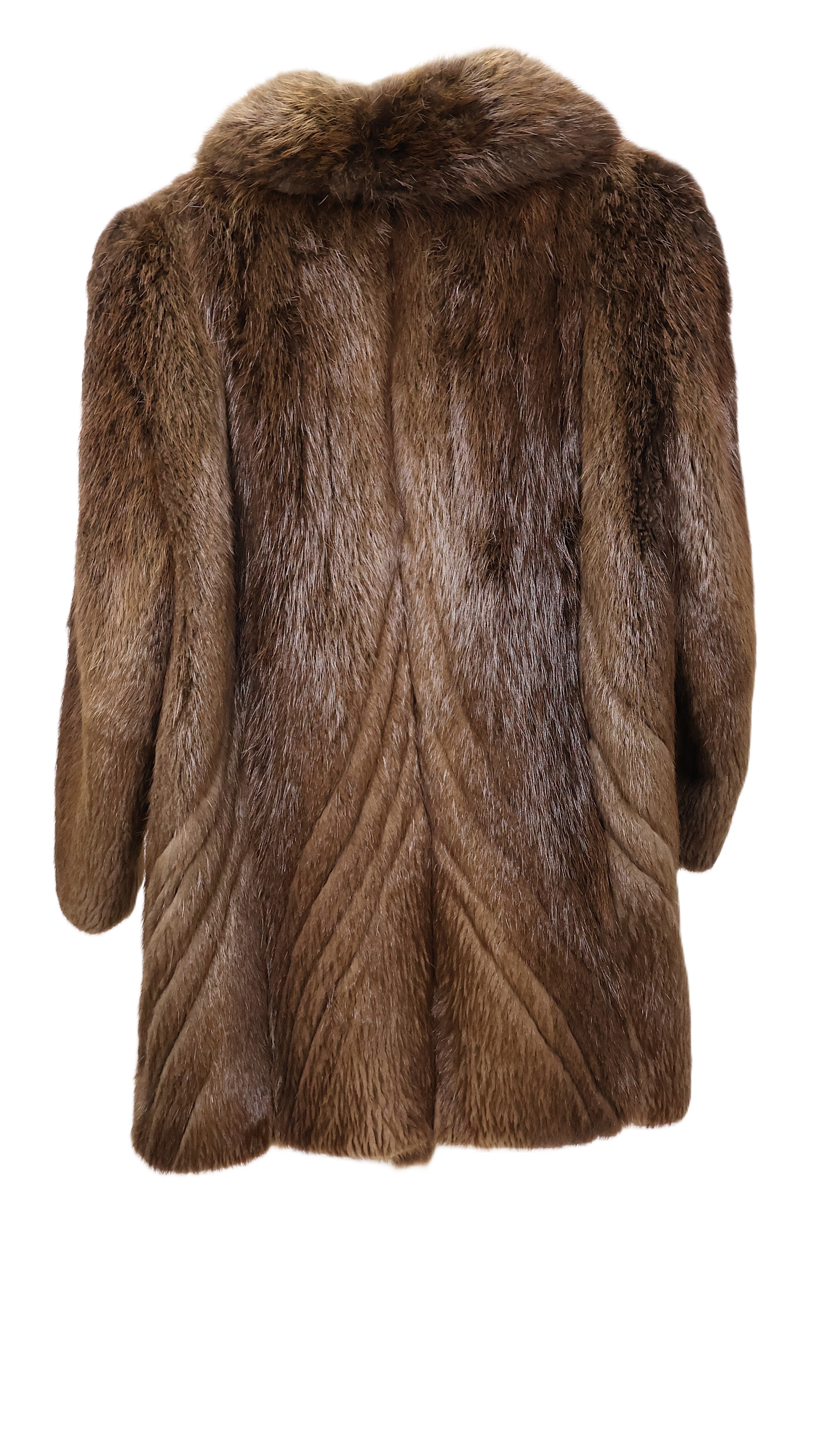 PRE-OWNED LONG HAIRED BEAVER 3/4 JACKET W/ DIAGNOL DESIGN, SHAWL COLLAR & STRAIGHT SLEEVES
