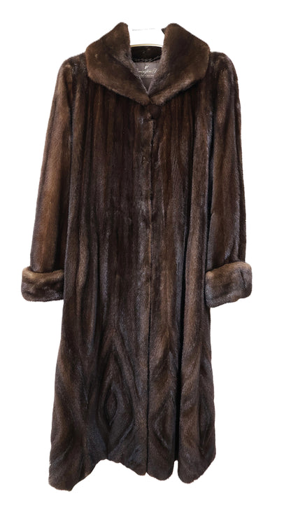 PRE-OWNED MAHOGANY MINK DIRECTIONAL COAT W/ WING COLLAR & TURN BACK CUFFS