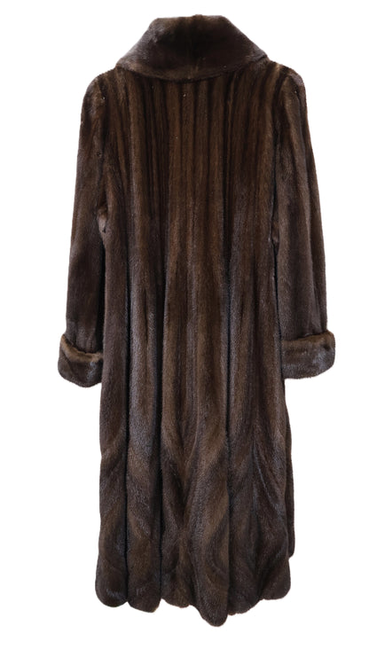 PRE-OWNED MAHOGANY MINK DIRECTIONAL COAT W/ WING COLLAR & TURN BACK CUFFS