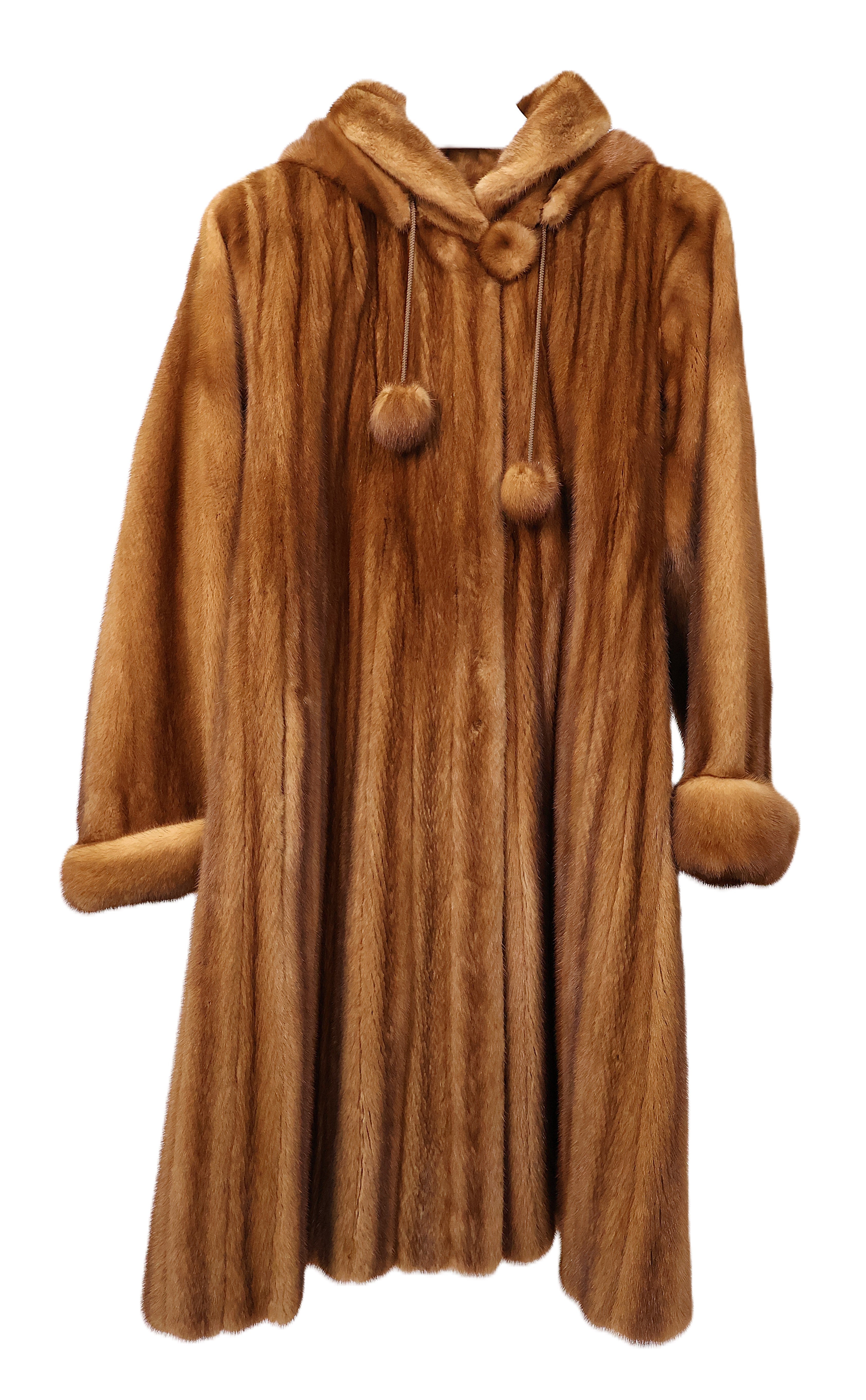 PRE-OWNED COGNAC MINK 7/8 COAT W/ DETACHABLE & ADJUSTABLE HOOD, TURN BACK HOOD & DRAWSTRING AT WAIST