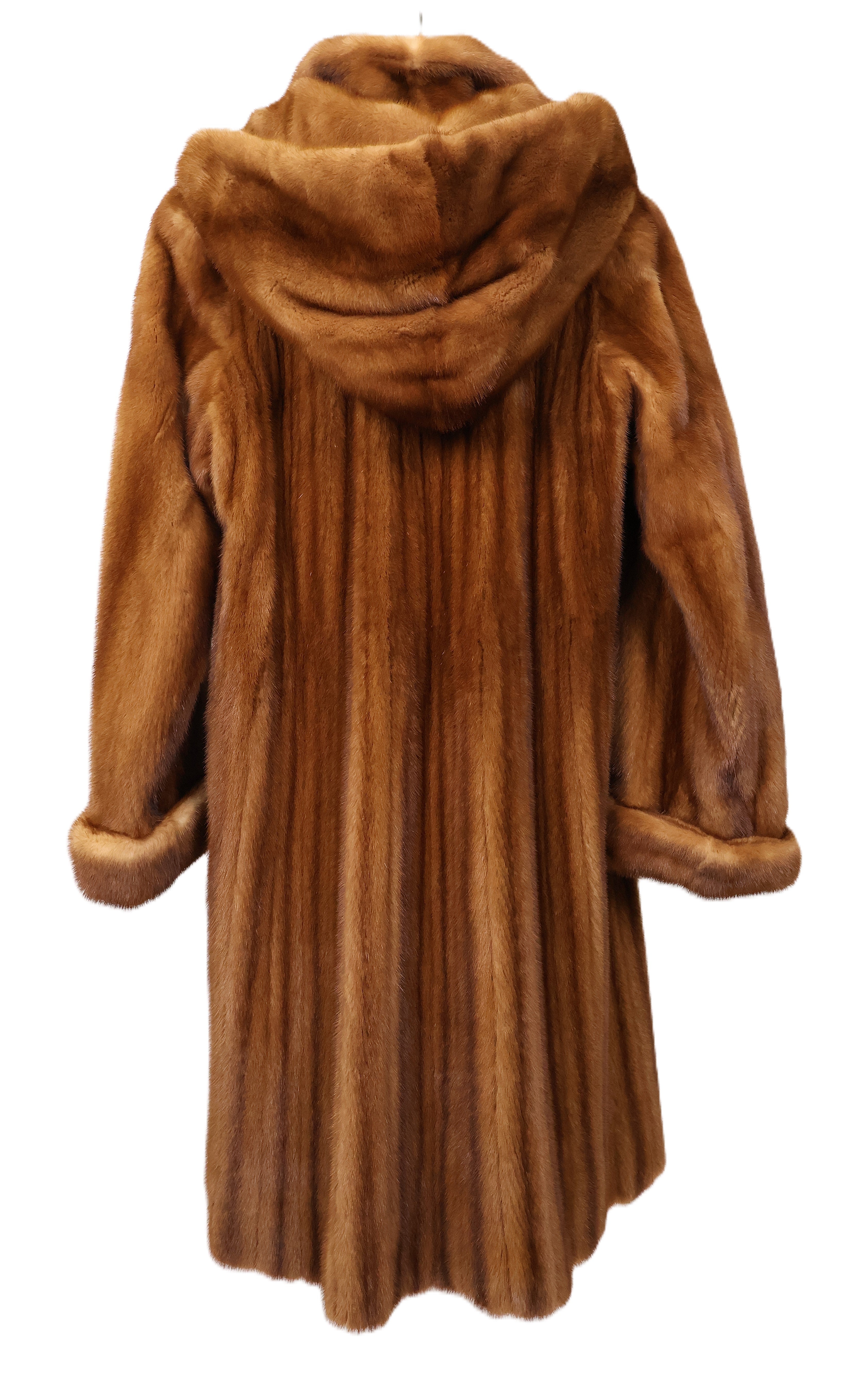 PRE-OWNED COGNAC MINK 7/8 COAT W/ DETACHABLE & ADJUSTABLE HOOD, TURN BACK HOOD & DRAWSTRING AT WAIST