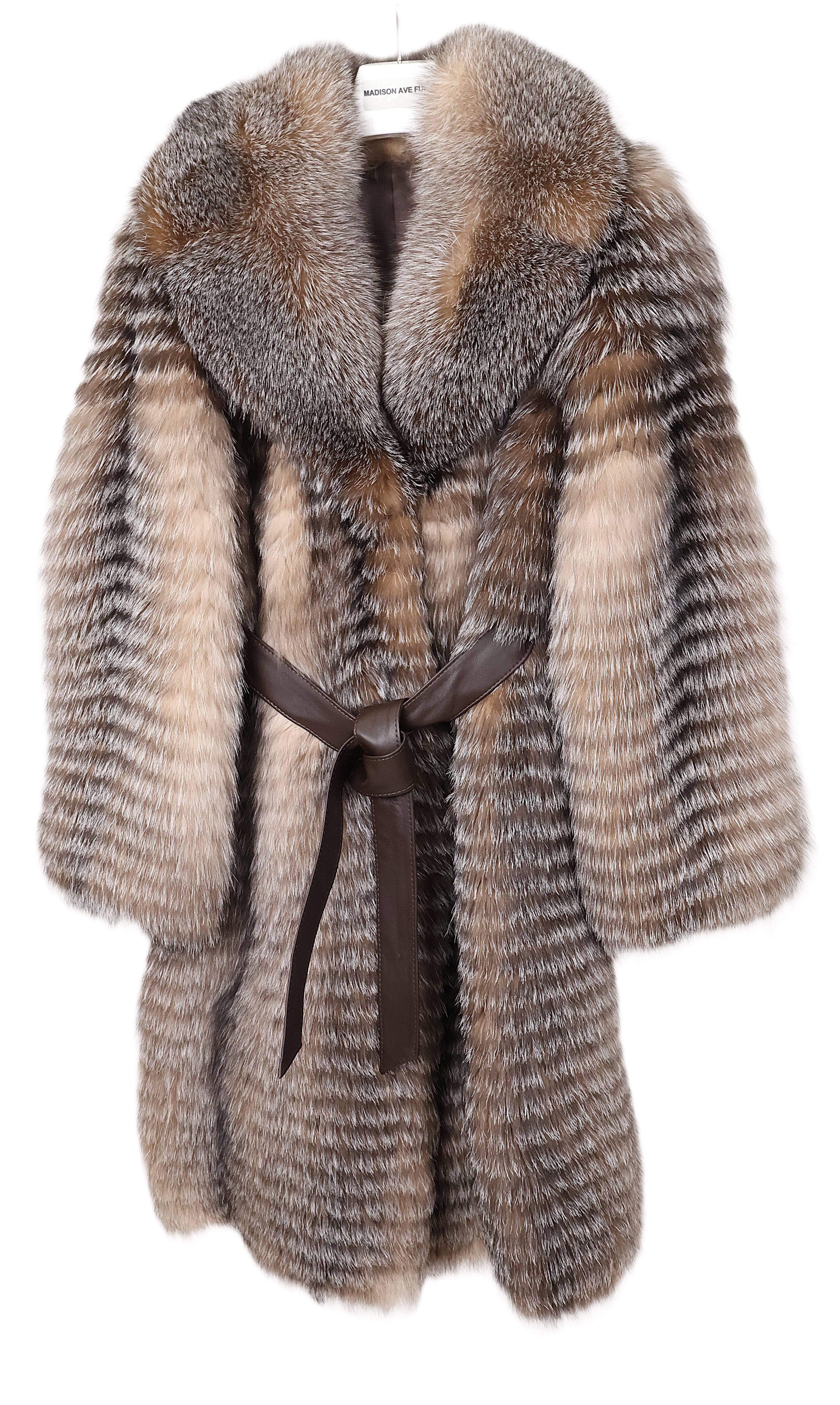 NEW LAYERED CRYSTAL FOX 7/8 COAT W/ SHAWL COLLAR, STRAIGHT SLEEVES & LEATHER WRAP BELT