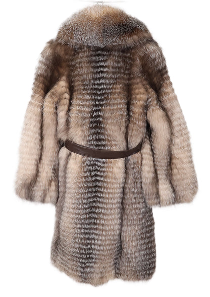 NEW LAYERED CRYSTAL FOX 7/8 COAT W/ SHAWL COLLAR, STRAIGHT SLEEVES & LEATHER WRAP BELT