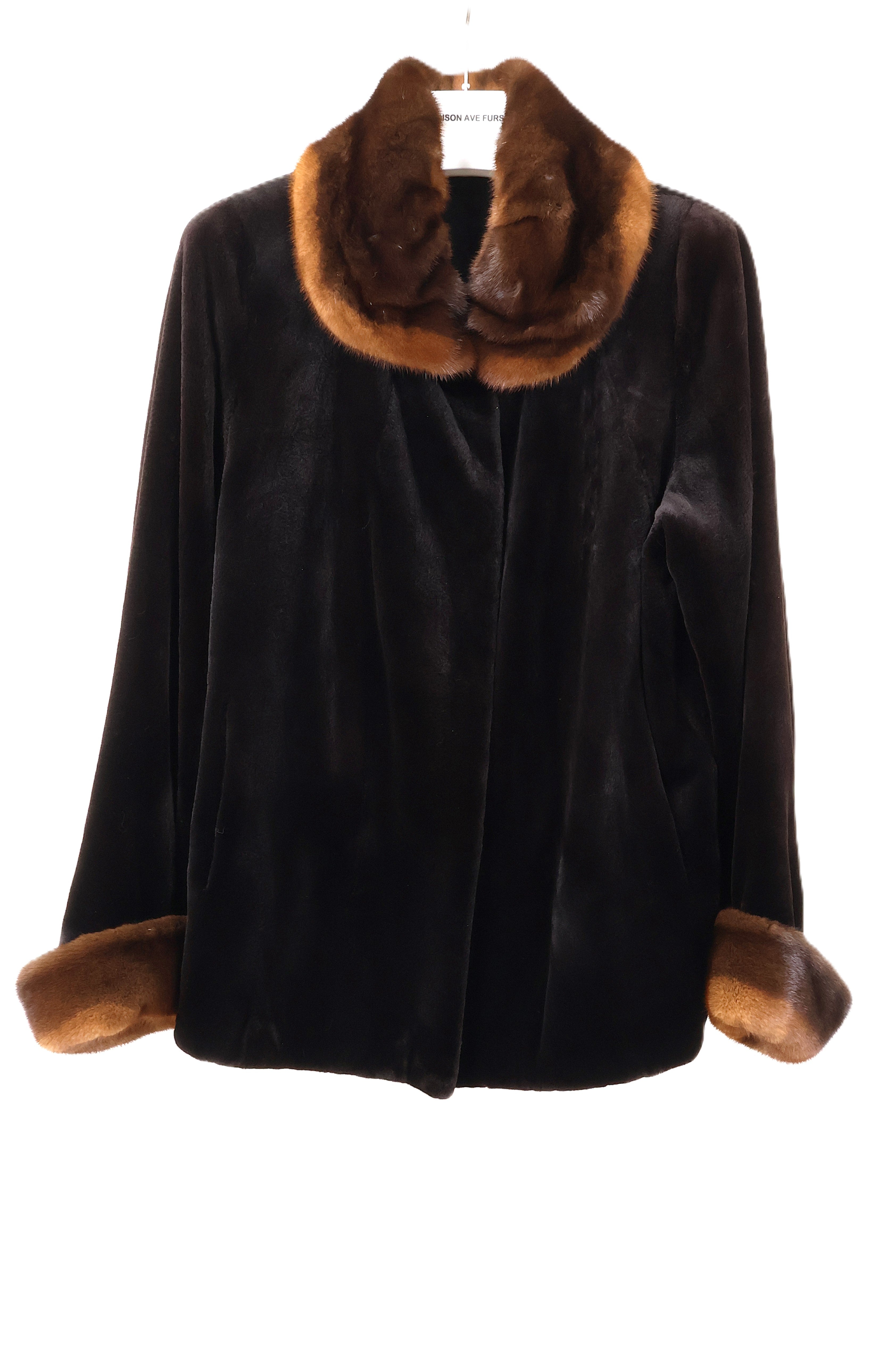 PRE-OWNED BLACK SHEARED MINK JACKET W/ LONGHAIR COGNAC MINK COLLAR & CUFFS