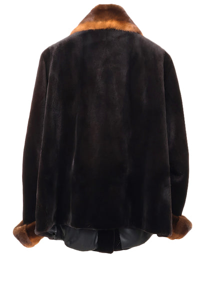 PRE-OWNED BLACK SHEARED MINK JACKET W/ LONGHAIR COGNAC MINK COLLAR & CUFFS