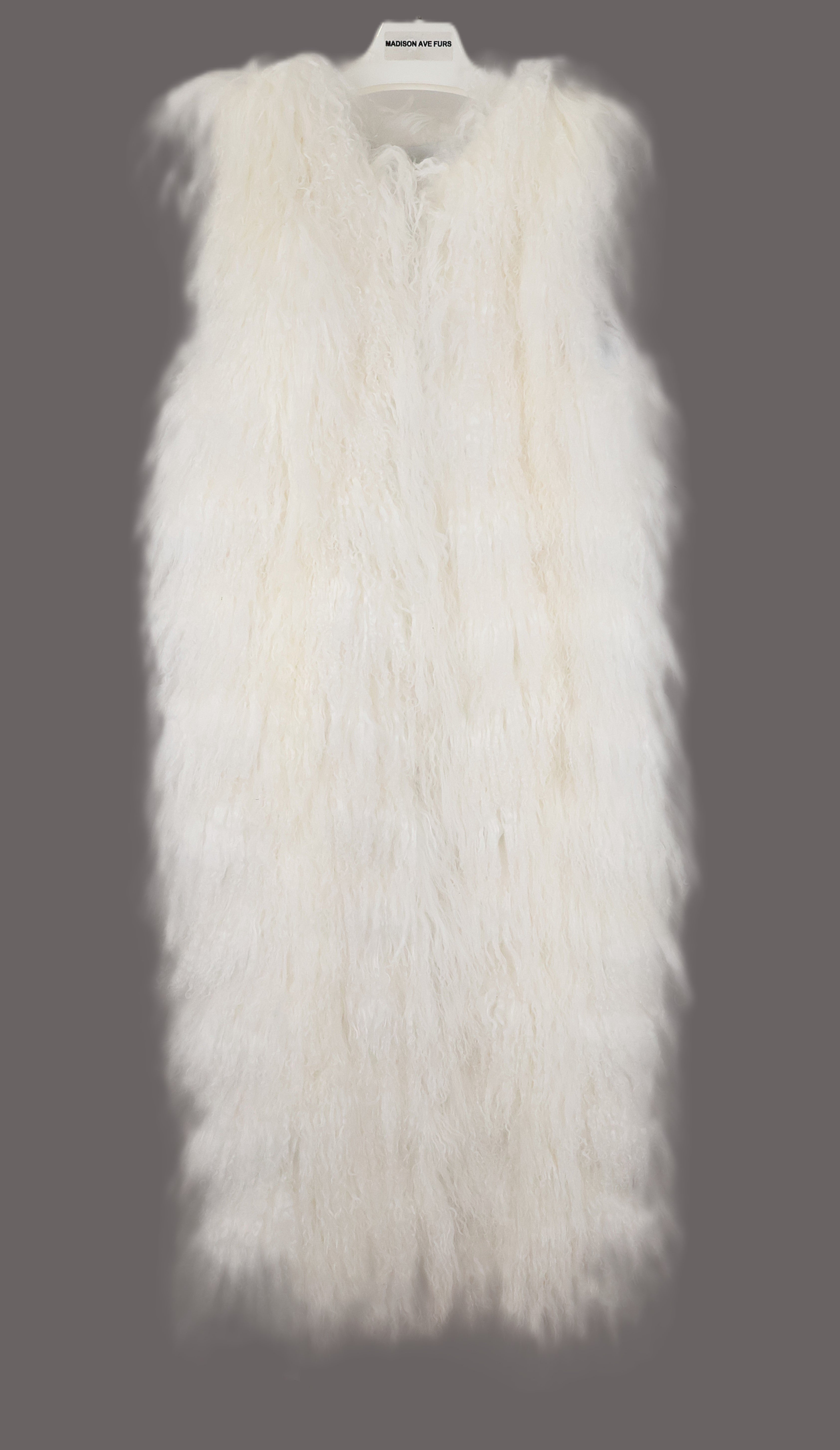 NEW WHITE MONGOLIAN LAMB COLLARLESS LONG VEST