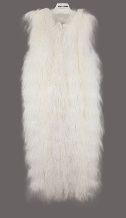 NEW WHITE MONGOLIAN LAMB COLLARLESS LONG VEST