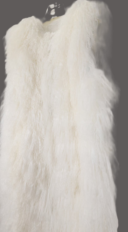 NEW WHITE MONGOLIAN LAMB COLLARLESS LONG VEST