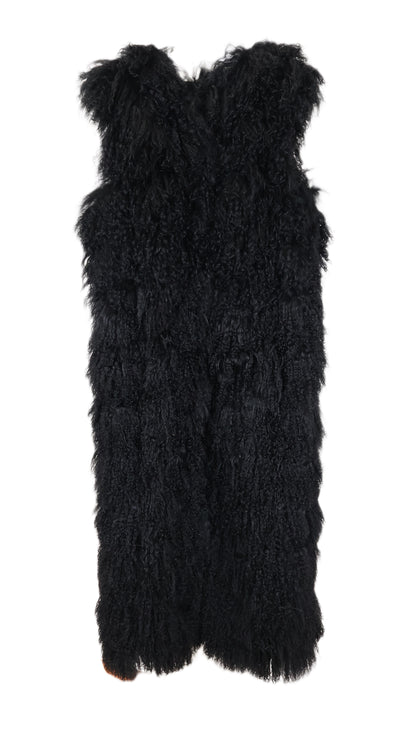 NEW BLACK MONGOLIAN LAMB COLLARLESS LONG VEST