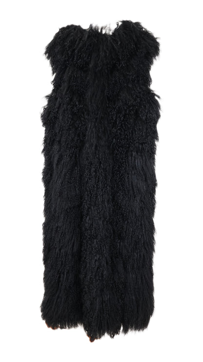 NEW BLACK MONGOLIAN LAMB COLLARLESS LONG VEST
