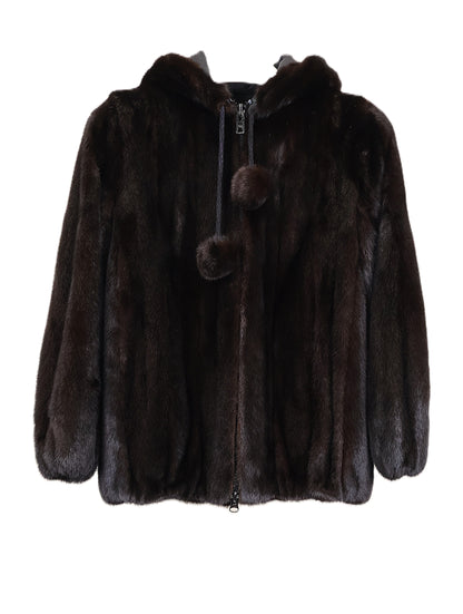 PRE-OWNED RANCH MINK HOODED BOMBER JACKET W/ ELASTIC CUFFS & ZIPPER