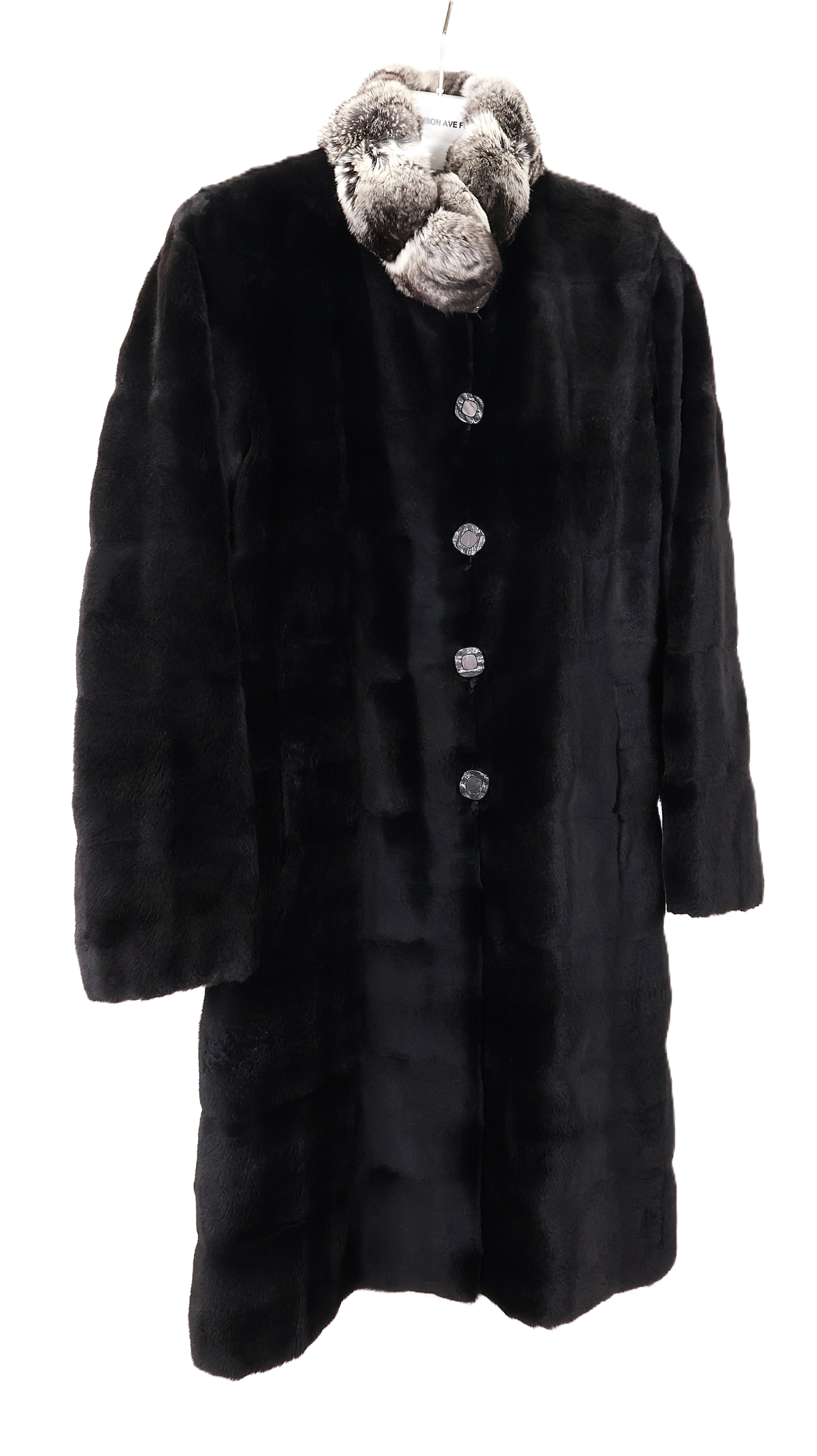 PRE-OWNED BLACK DYED SHEARED MINK HORIZONTAL REVERSIBLE TO TAFFETA 7/8 COAT W/ NATURAL CHINCHILLA STAND COLLAR