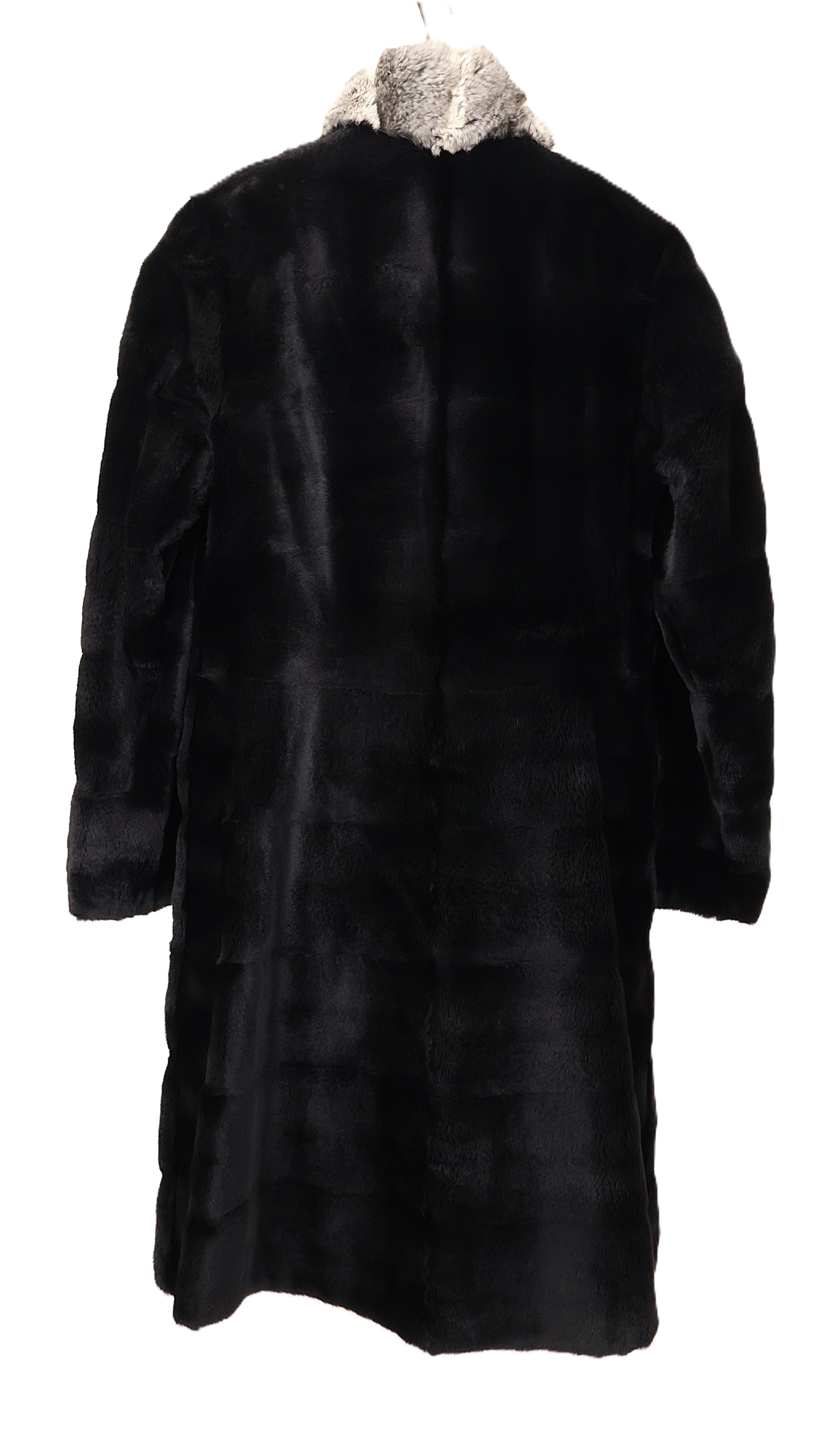 PRE-OWNED BLACK DYED SHEARED MINK HORIZONTAL REVERSIBLE TO TAFFETA 7/8 COAT W/ NATURAL CHINCHILLA STAND COLLAR