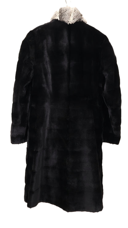 PRE-OWNED BLACK DYED SHEARED MINK HORIZONTAL REVERSIBLE TO TAFFETA 7/8 COAT W/ NATURAL CHINCHILLA STAND COLLAR