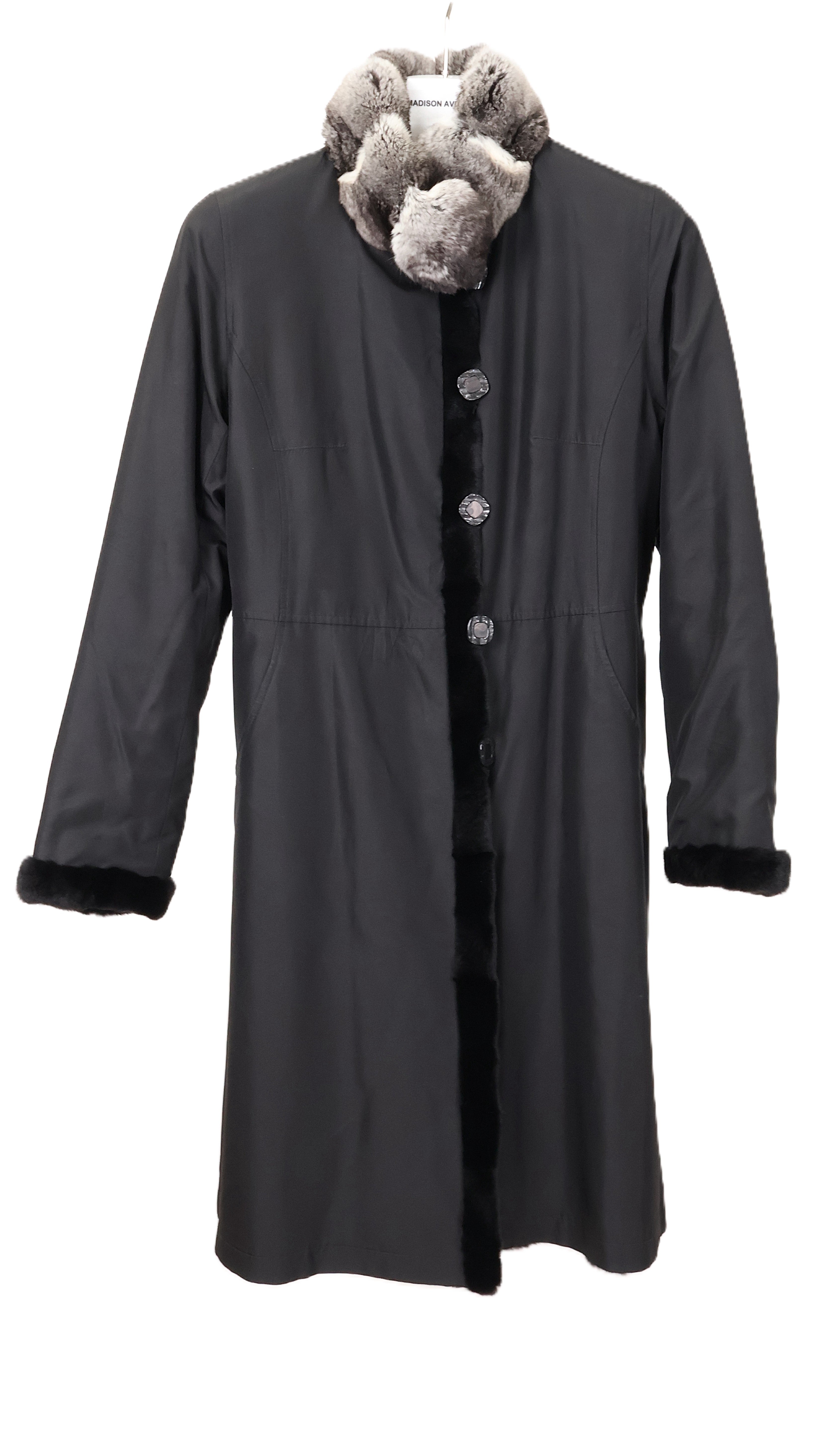 PRE-OWNED BLACK DYED SHEARED MINK HORIZONTAL REVERSIBLE TO TAFFETA 7/8 COAT W/ NATURAL CHINCHILLA STAND COLLAR