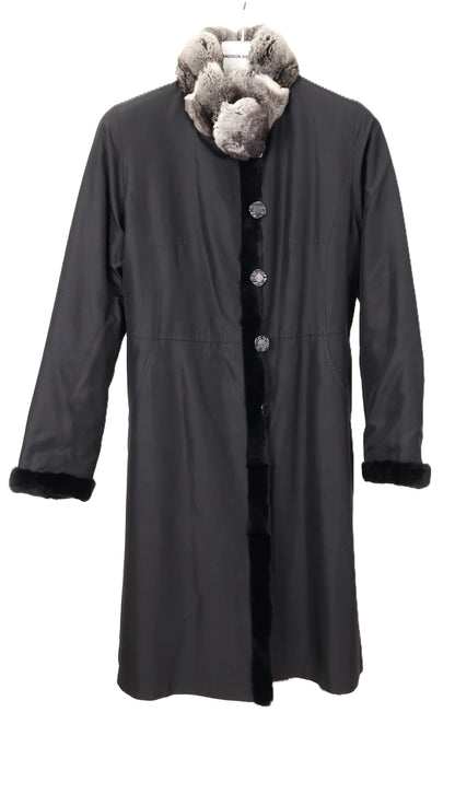 PRE-OWNED BLACK DYED SHEARED MINK HORIZONTAL REVERSIBLE TO TAFFETA 7/8 COAT W/ NATURAL CHINCHILLA STAND COLLAR
